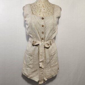 Shinestar Women Size M Linen Blend Button Front Sleeveless Belted Romper Casual